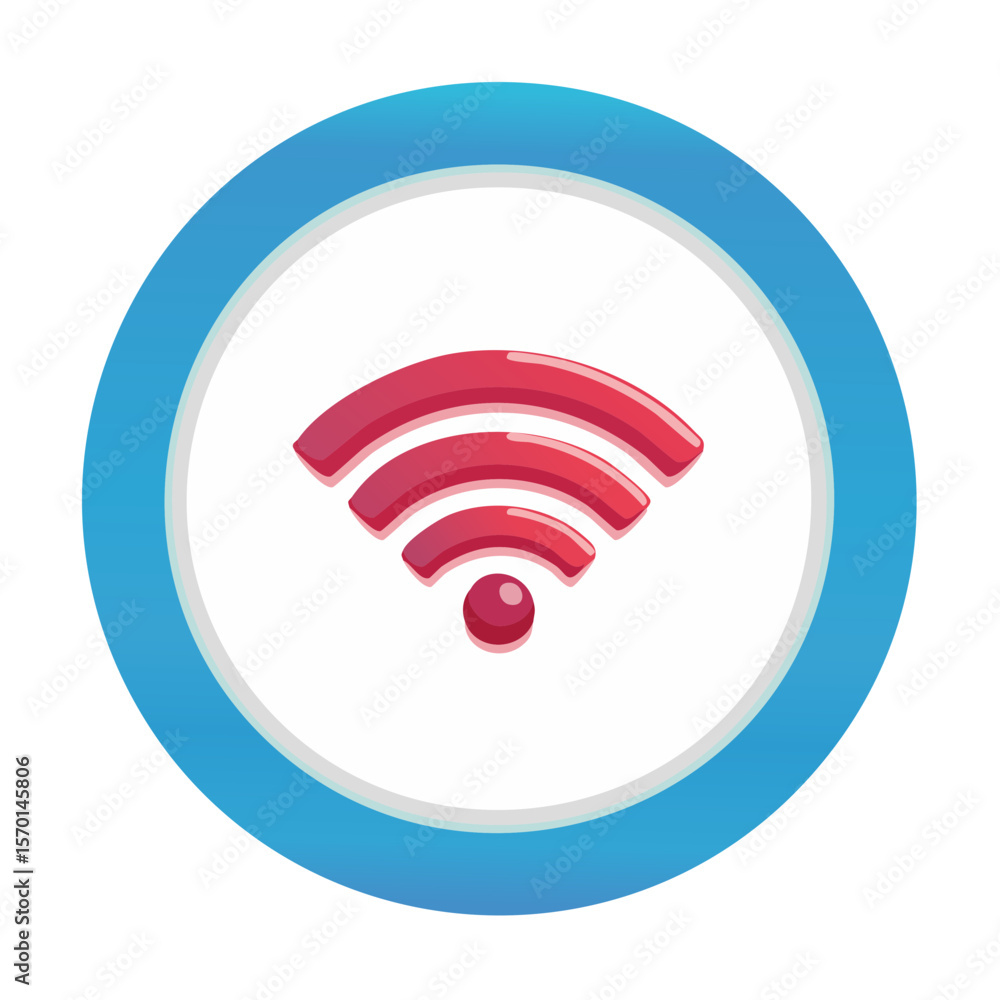 Poster red wifi icon with blue border on a white background depicts wireless connection for internet access