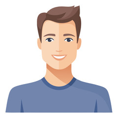 Smiling Man Cartoon Portrait with Brown Hair and Blue Shirt on Black Background