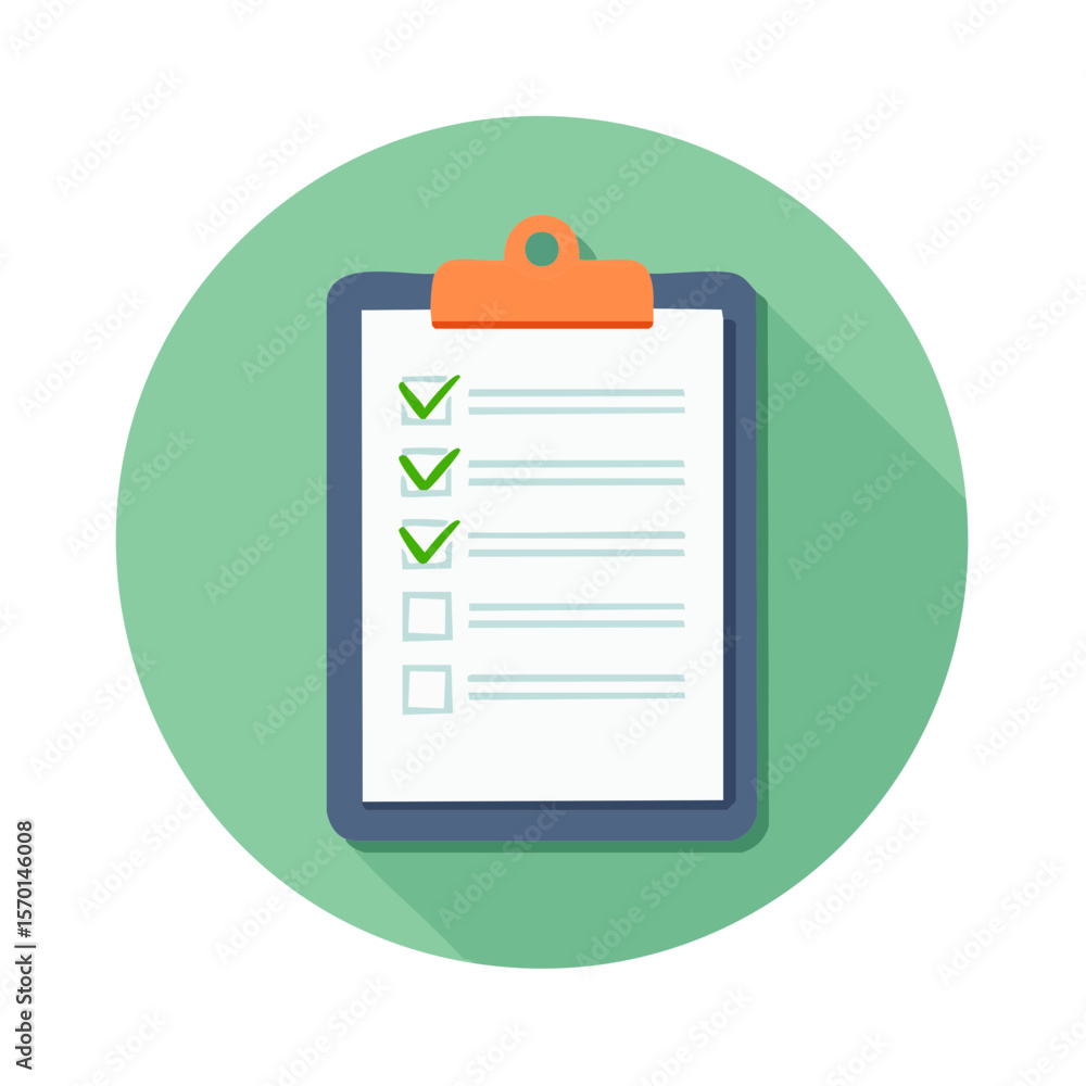 Poster checklist clipboard flat vector illustration with green check marks and empty check boxes