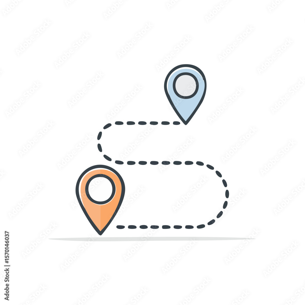 Poster location pinpoints indicating route direction and distance with a dotted path on a plain background 