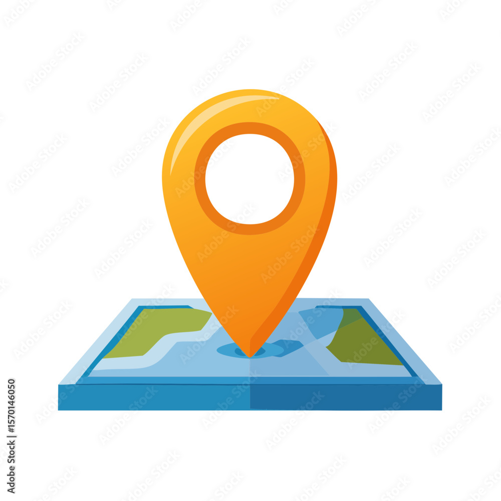 Poster orange map pointer pin indicating a location on a flat map illustration on black backdrop