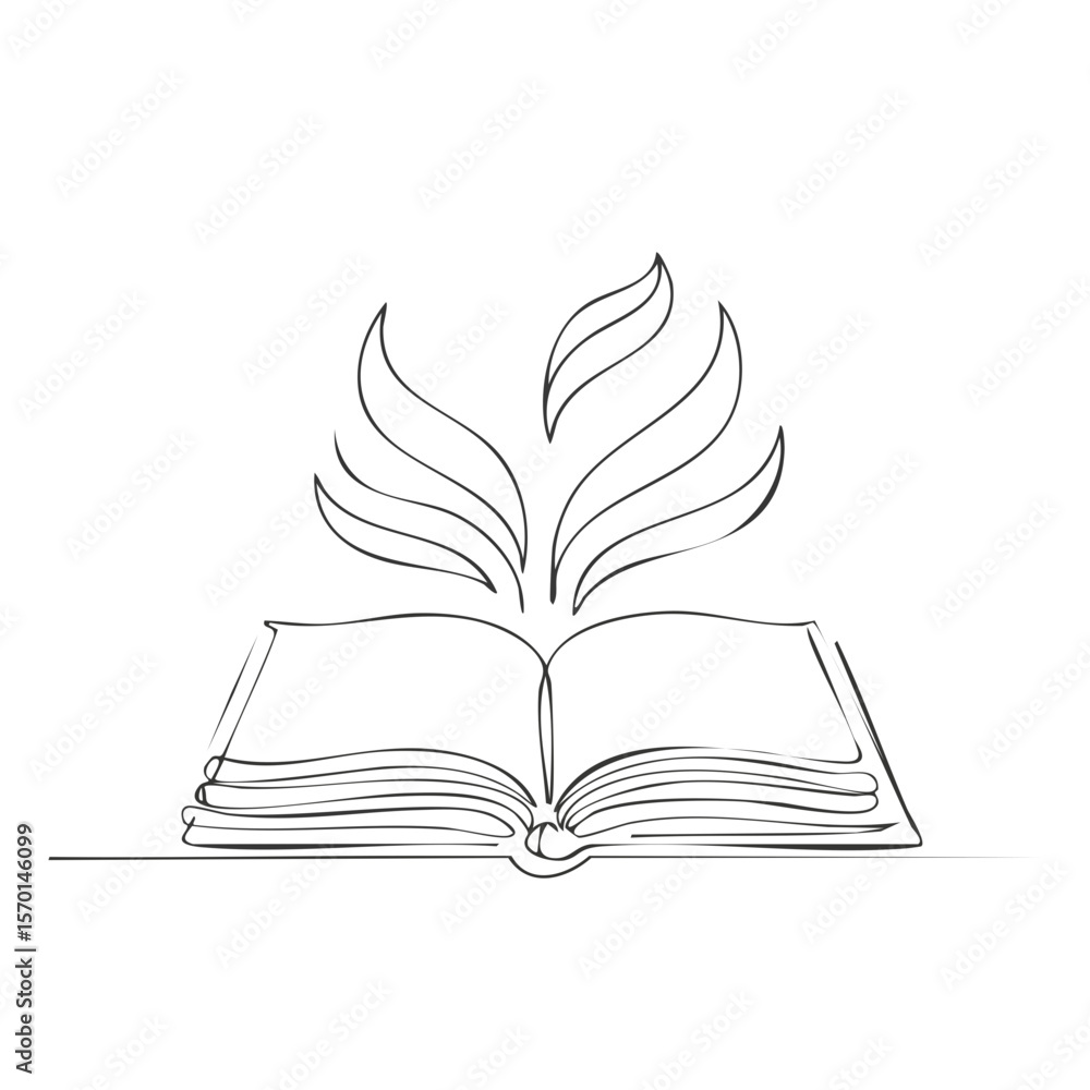 Poster open book emits flowing lines in continuous line drawing evoking concepts of knowledge learning and 