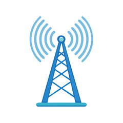 Blue communication tower emitting waves for broadcast and receiving signals on black background