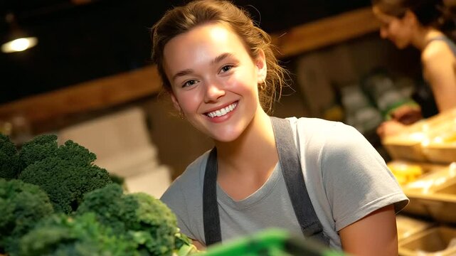 Staff member organizing fresh produce in grocery store