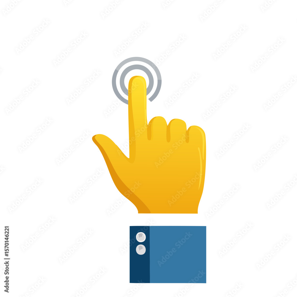 Poster yellow hand in suit tapping or pressing a gray button in black background interface concept for tech