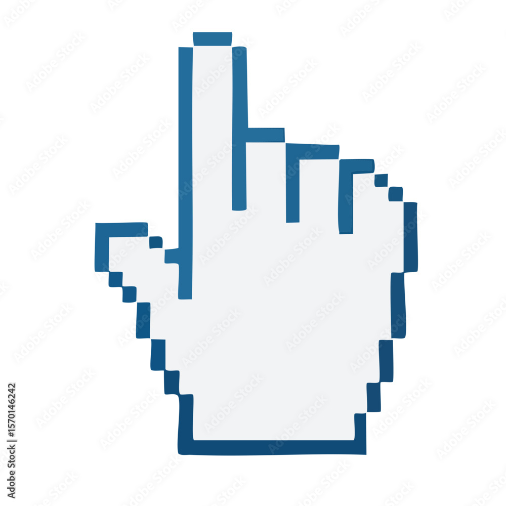Poster pixelated white hand cursor on black background for ui design and web development
