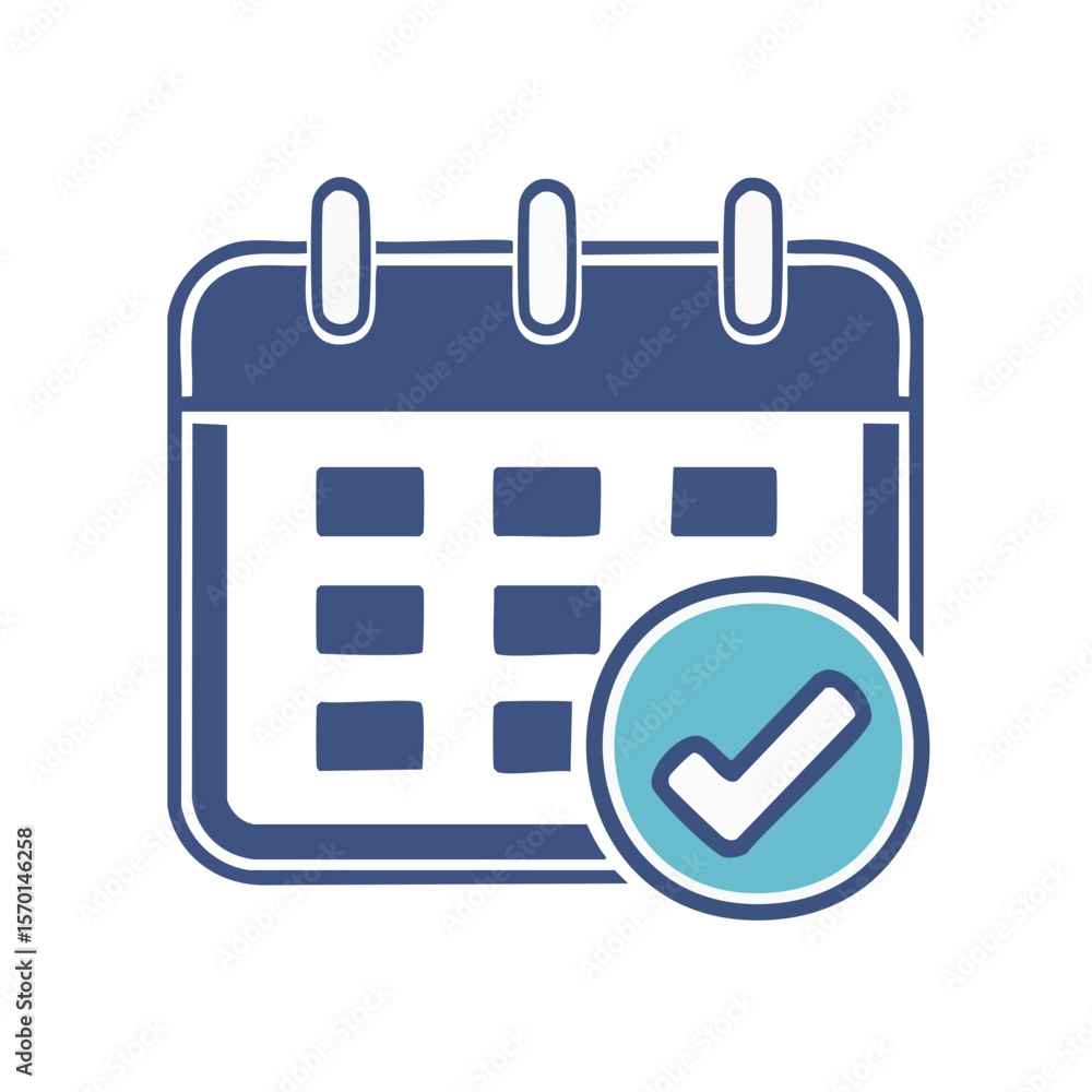 Poster blue and turquoise calendar with a checkmark signifying completion of task for schedule or event man