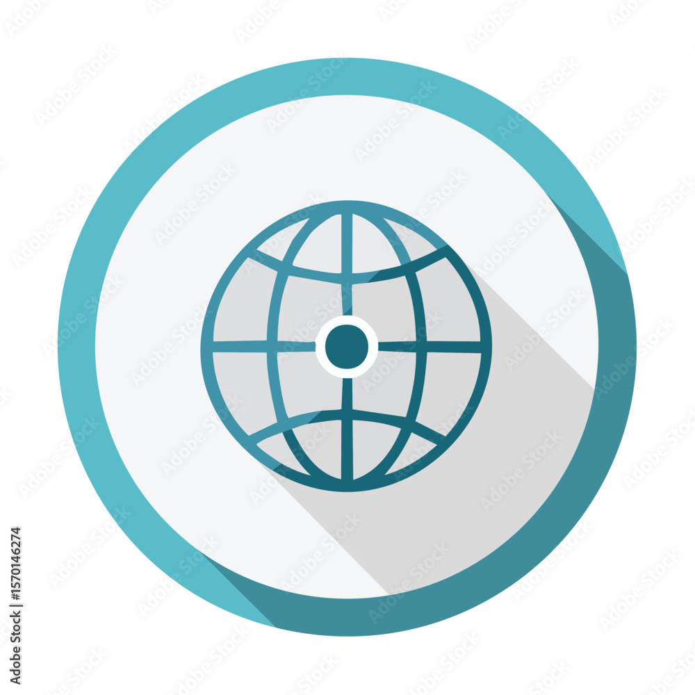 Poster flat globe icon on round button with shadow design represents worldwide communication