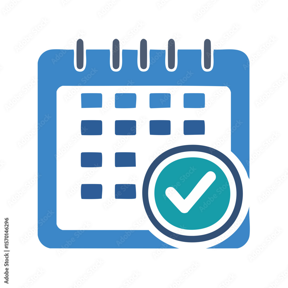 Poster blue calendar icon with check mark symbolizing schedule completion or task finished reminder plannin