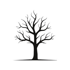 Fototapeta premium Tree silhouette on a black background; stark branches reaching up toward a dark sky, minimalistic depiction of tree