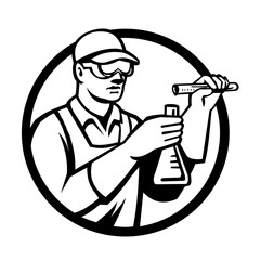 Retro woodcut style illustration of a chemist, scientist, researcher pouring chemical from test tube into flask viewed from front set inside circle on isolated background done in black and white.