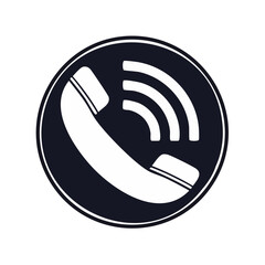 White telephone handset within circle shows sound waves on black background communication technology concept