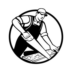 Retro style illustration of handyman, carpenter or construction worker with saw sawing wood timber set inside circle on isolated background done in black and white.