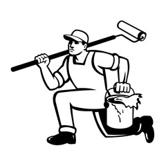 Retro woodcut style illustration of a house painter carrying paint can and paint roller running viewed from side to delivery paint on isolated background done in black and white.
