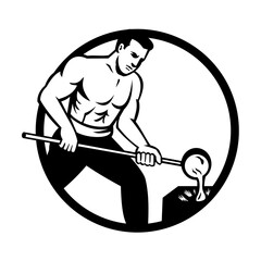 Retro woodcut style illustration of a vintage foundry worker or foundryman pouring metal into mold set inside circle on isolated background done in black and white.