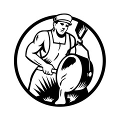 Retro woodcut style illustration of a vintage foundry worker or foundryman pouring metal on isolated background done in black and white.