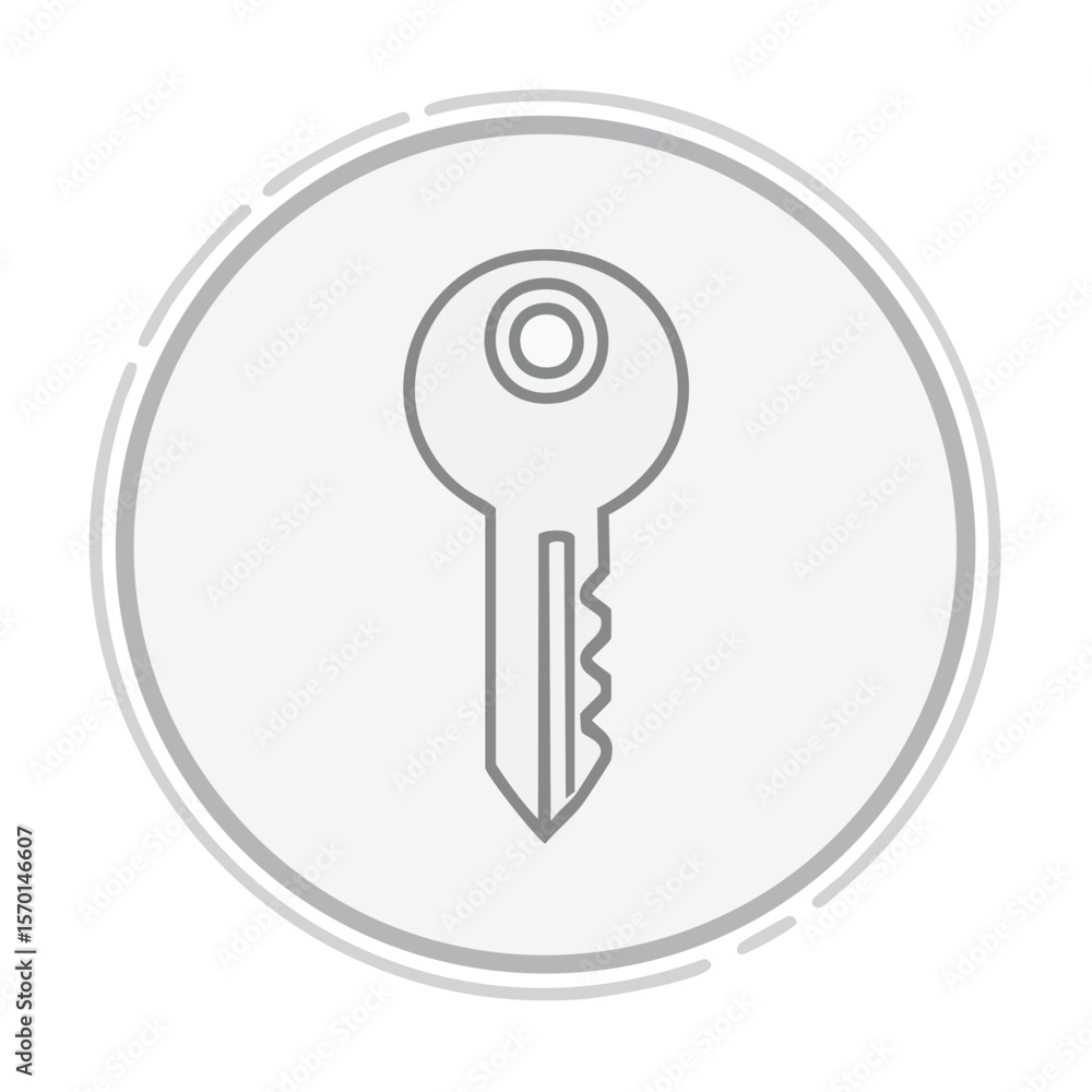 Aufkleber outline icon of a gray classic key on a white circular background with double line border