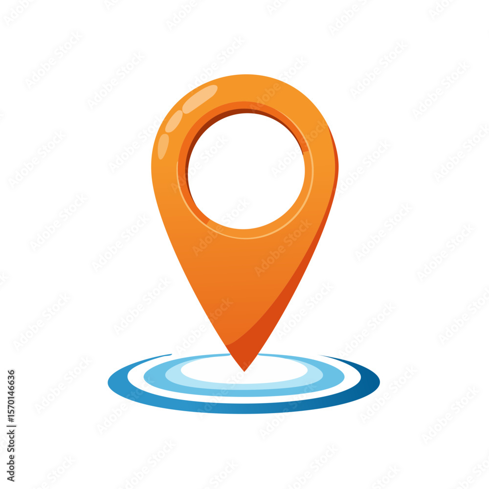 Poster location pin icon with blue waves indicating position orange pointer for navigation and direction ma