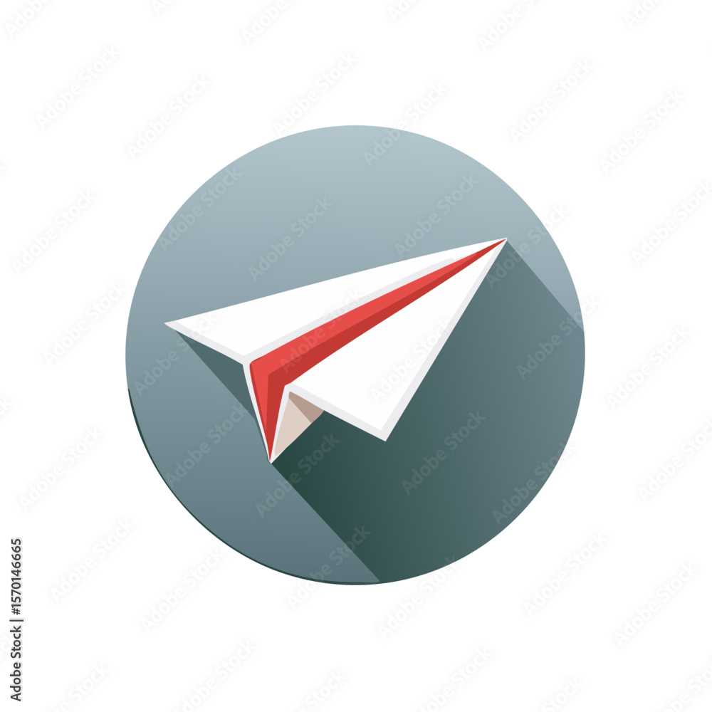 Poster paper airplane icon on round button with shadow symbol of journey travel and flight communication me