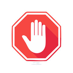 Obraz premium Stylized Red Stop Sign Illustration Hand Symbol Gesture Palm Raised Flat Design Prohibition Safety Warning Graphic Restriction Icon