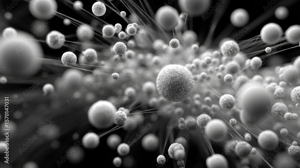 Poster an intricate design showcasing numerous spherical particles in a fluid state, radiating lines emanat