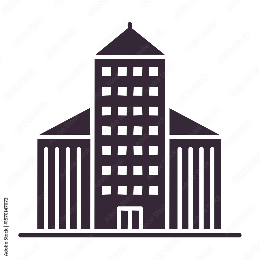 Poster simple flat dark building with many windows and columns on a solid black background.