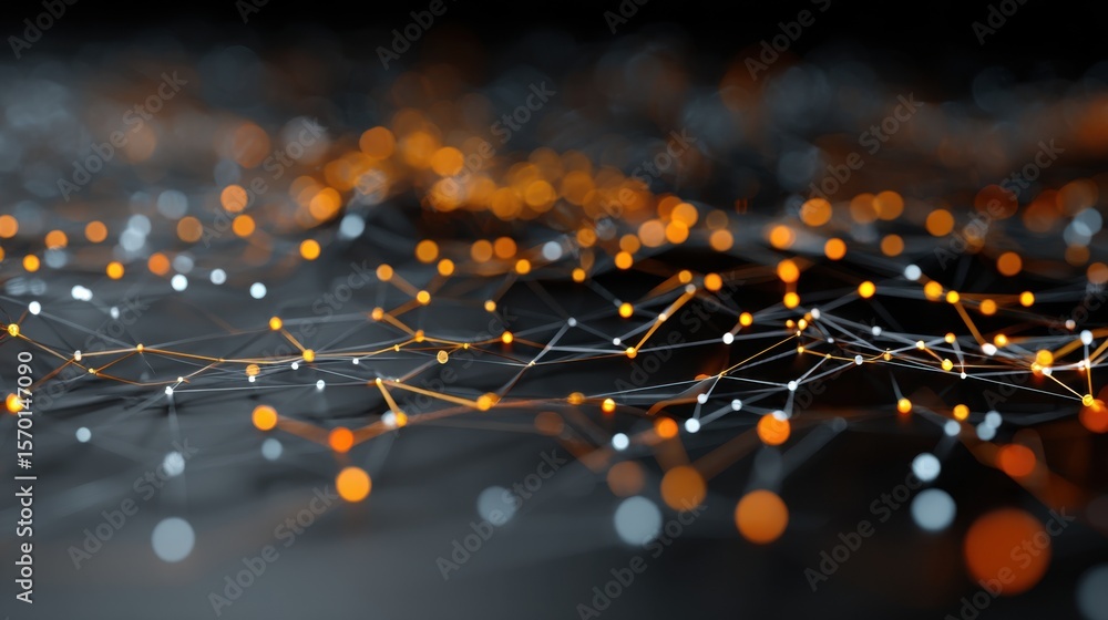 Poster a close-up view reveals a complex web of glowing nodes connected by lines, showcasing a blend of ora