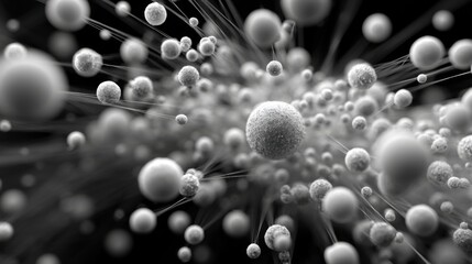 An intricate design showcasing numerous spherical particles in a fluid state, radiating lines emanating from each sphere, creating a mesmerizing visual effect.
