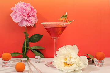 Minimal summer party concept, advertising banner for bar, cafe. Modern still life with pink...