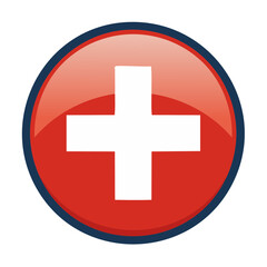 Obraz premium Red and White Medical Cross Icon, Symbol of Healthcare Services or National Flag Design Graphic on Black Background, First Aid or Emergency Help Glossy Button