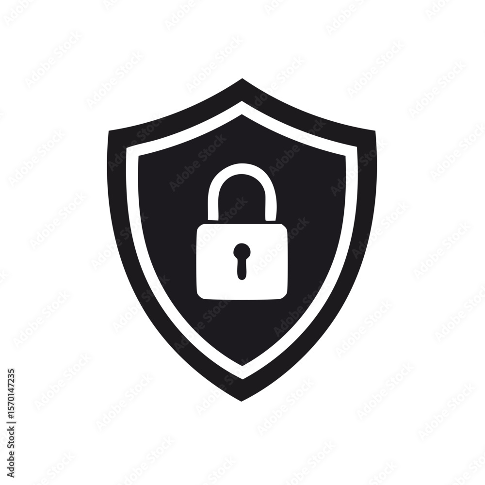 Poster dark shield with lock icon for data security and protection on black background