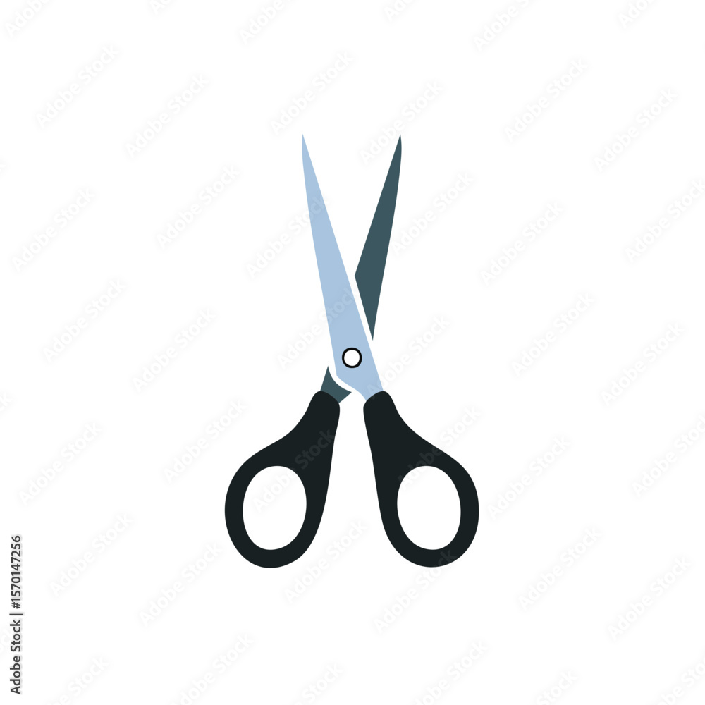 Poster open scissors with black handles isolated on dark background crafting tool