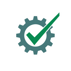 Cogwheel and Green Checkmark symbol for process complete verification approval agreement, machinery repair, technology mechanism efficiency