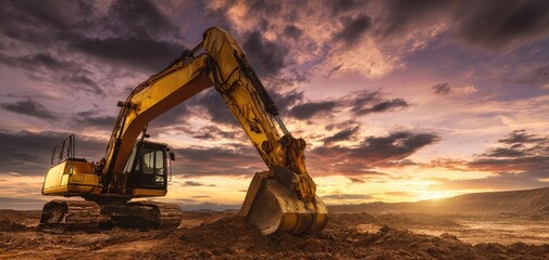 The excavator digging into the earth under a stunning sunset sky.