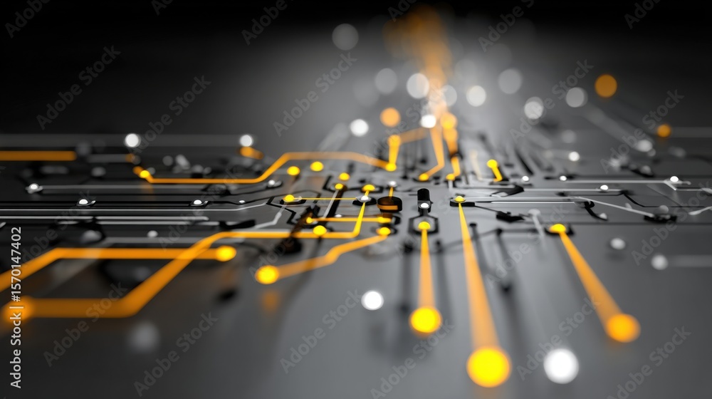 Poster close-up view of a circuit board with interconnected lines and glowing nodes. the design features vi