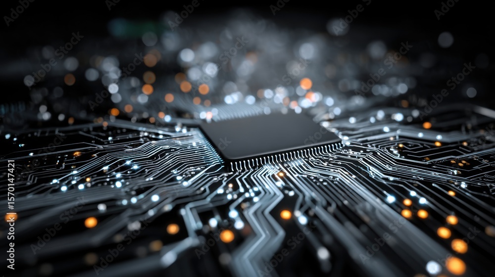 Poster a detailed view of a microchip at the center of a complex circuit board, highlighting the intricate 