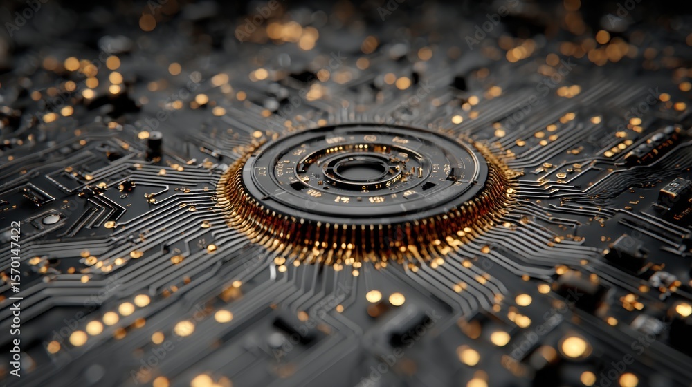 Poster complex circuit board features glowing nodes and intricate pathways, showcasing the elegance and sop
