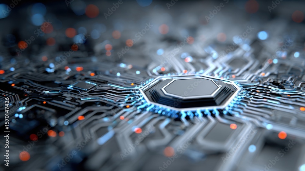 Poster a close-up of a circuit board highlights complex pathways and connections illuminated by soft blue a