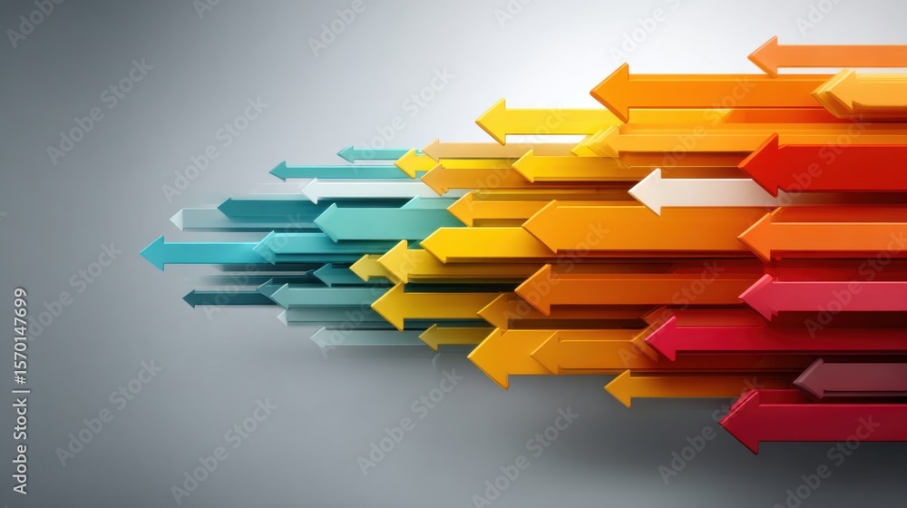 Poster vibrant arrows in various colors point in different directions, forming an energetic pattern on a ne