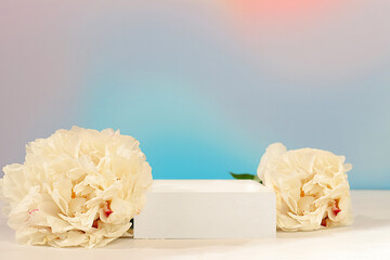 Abstract floral composition, banner.Empty podium with beautiful peony flowers. Creative template for your design. Minimal modern aesthetics, elegant beauty concept