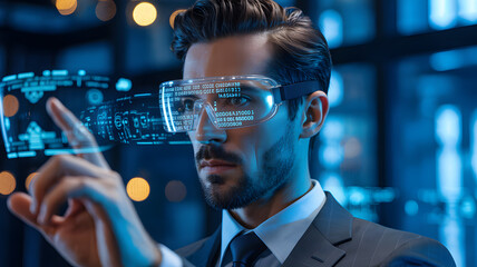 Future Vision: A professional in an augmented reality setup, engaged and concentrated in the world of futuristic technology. 