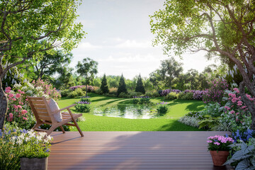 3D render of a tranquil garden with a wooden deck