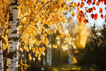 
Beautiful birch tree with yellow leaves on a sunny autumn day. Autumn colors, nature concept


