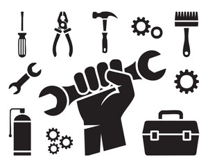 Obraz premium Hand Holding Wrench With Tools And Gear Set Illustration For Construction Maintenance And Repair Industrial And Workshop Vector