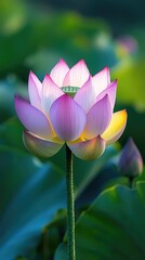 Obraz premium Lotus flower blooming, pond, sunlight, serene background, nature, beauty, peaceful, tranquility