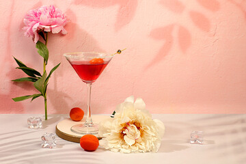 Minimal summer party concept, advertising banner for bar, cafe. Modern still life with pink...