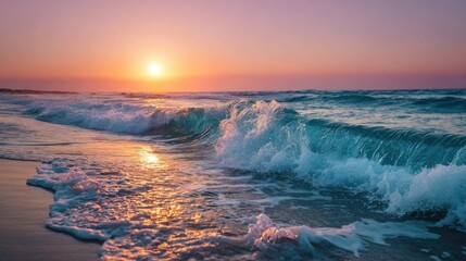 Naklejka premium Waves crash gently against the sandy beach as the sun sets on the horizon, painting the sky with pastel colors and providing a peaceful ambiance for all.