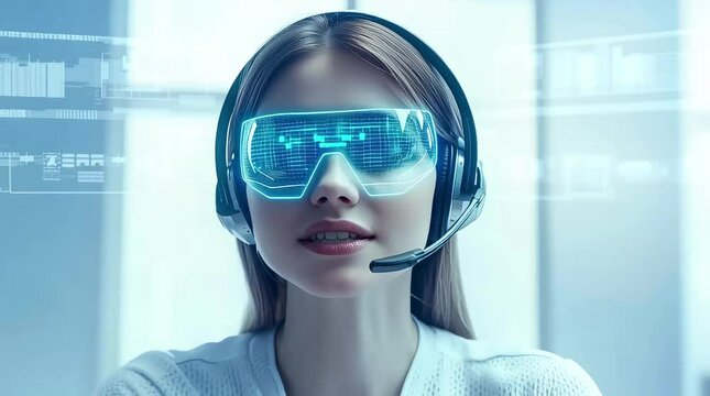 4K video of a female call center agent on a head set talking to a cilent in a modern call center