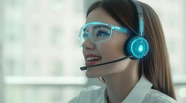 4K video of a female call center agent on a head set talking to a cilent in a modern call center