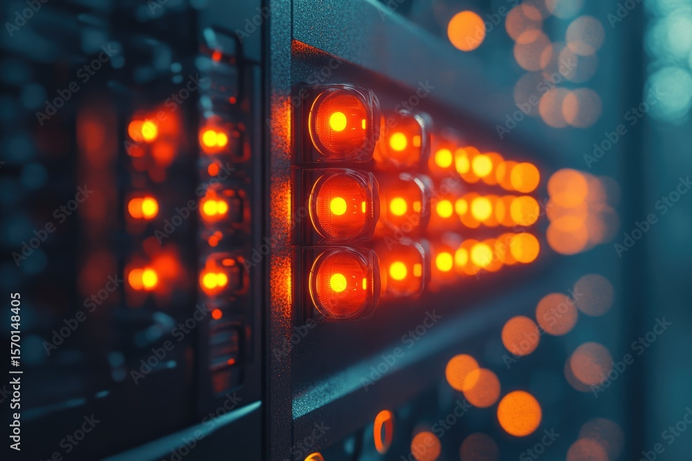 Poster glowing server rack lights illuminate a futuristic data center, signifying high network activity and